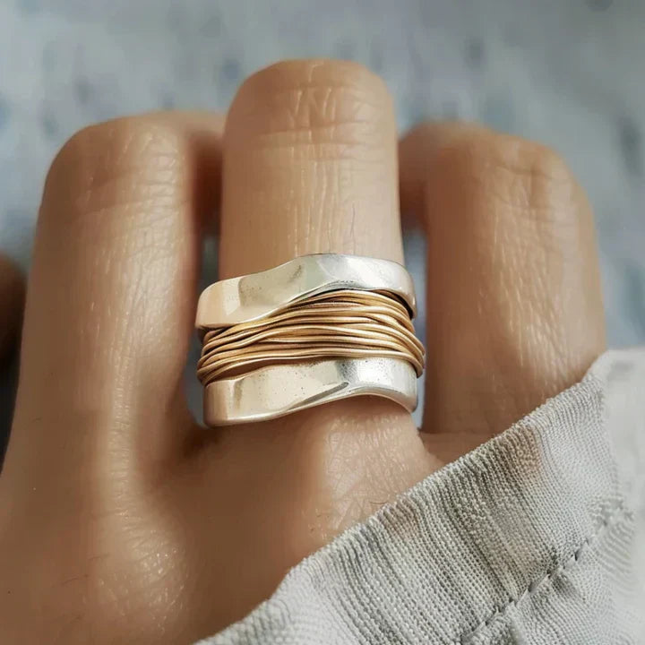 Sterling Silver Ring With Gold Accents, Wrap Design, 925 Jewelry