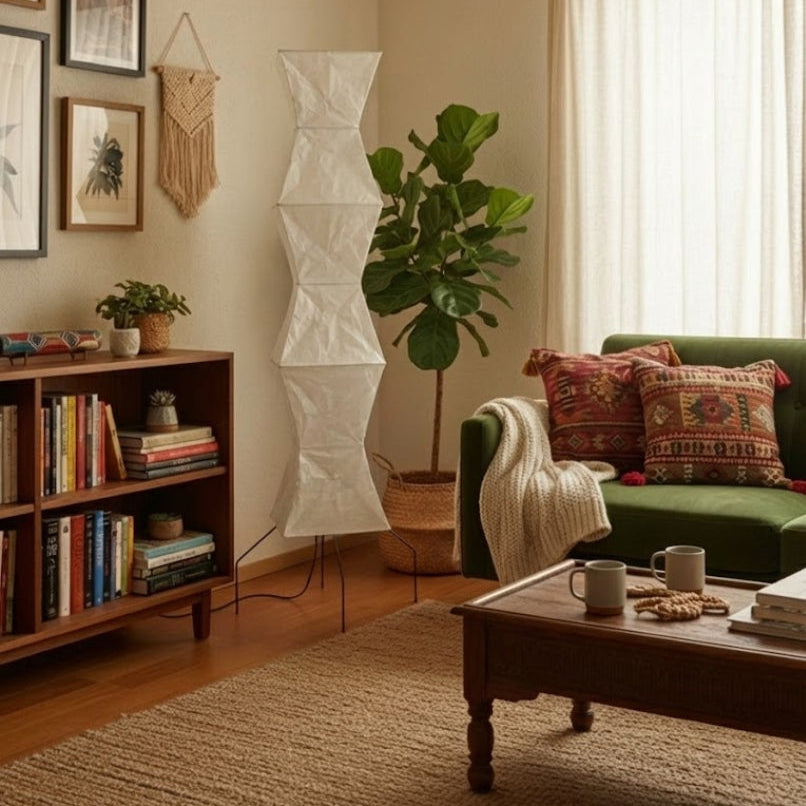 Nimbus And Helix Floor Lamp With Rice Paper Shade And Sculptural Layered Design For Ambient Glow