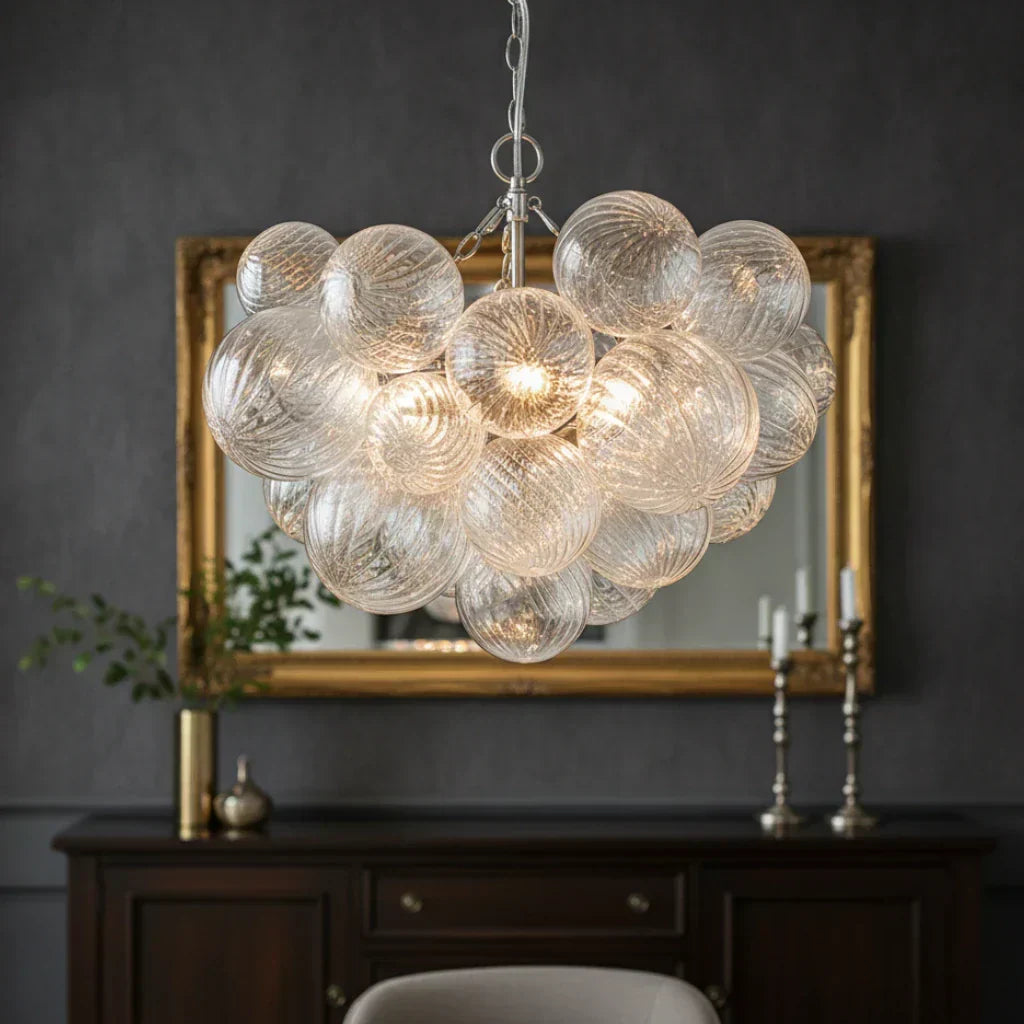 Clear Glass Bubble Chandelier With Ribbed Glass Detailing For Elegant Modern Interior Lighting