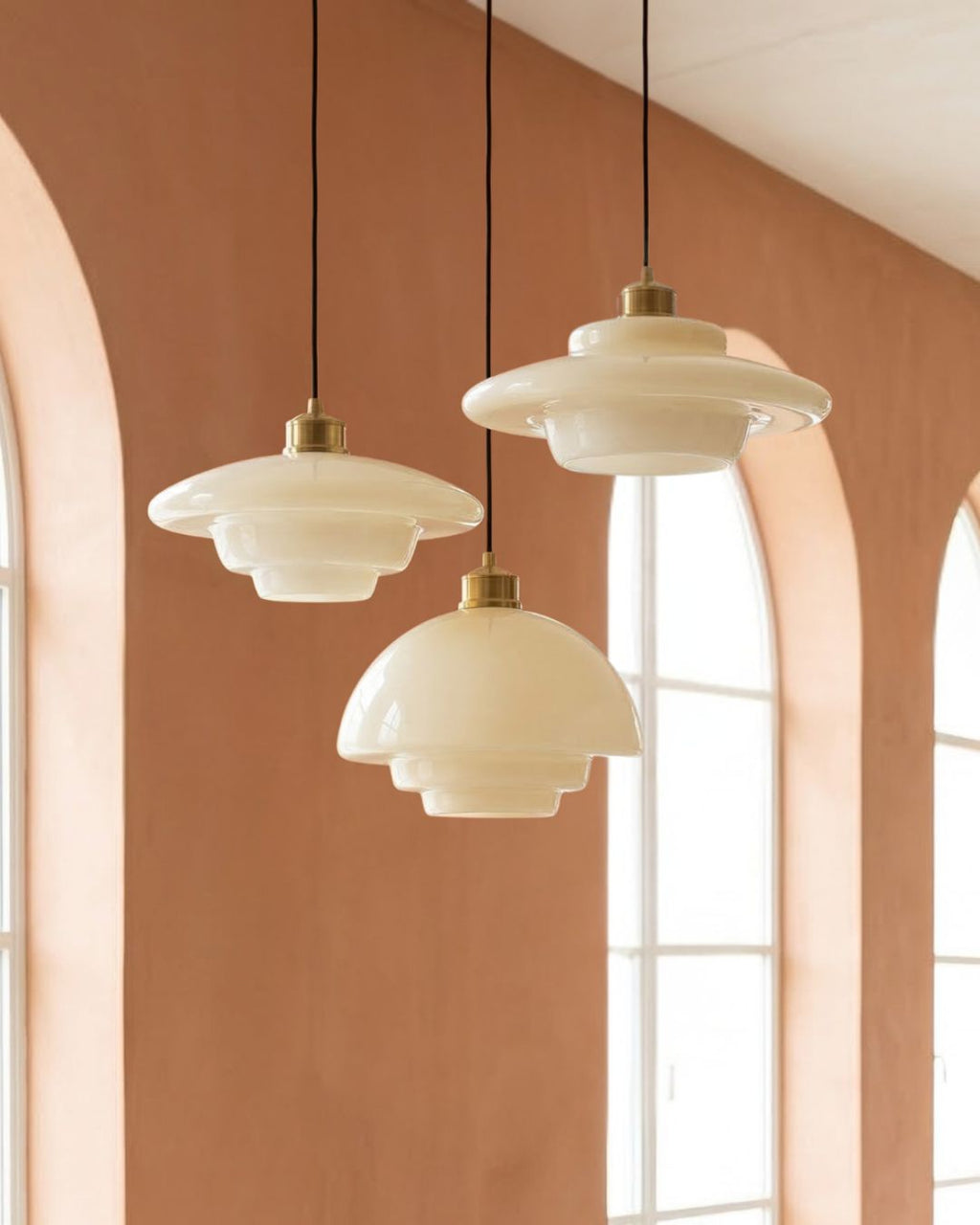 TINA Pendant Light, Mid-Century Milk-White Glass With Brushed Brass, Adjustable E27
