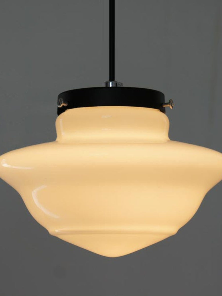 Vintage Art Deco Milk Glass Pendant Light With Striped Shade For Dining And Living Rooms