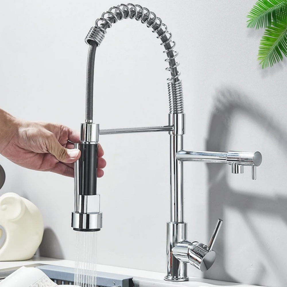 صنبور مطبخ AQUASWIVEL بسحب للأسفل — فوهة مزدوجة دوّارة