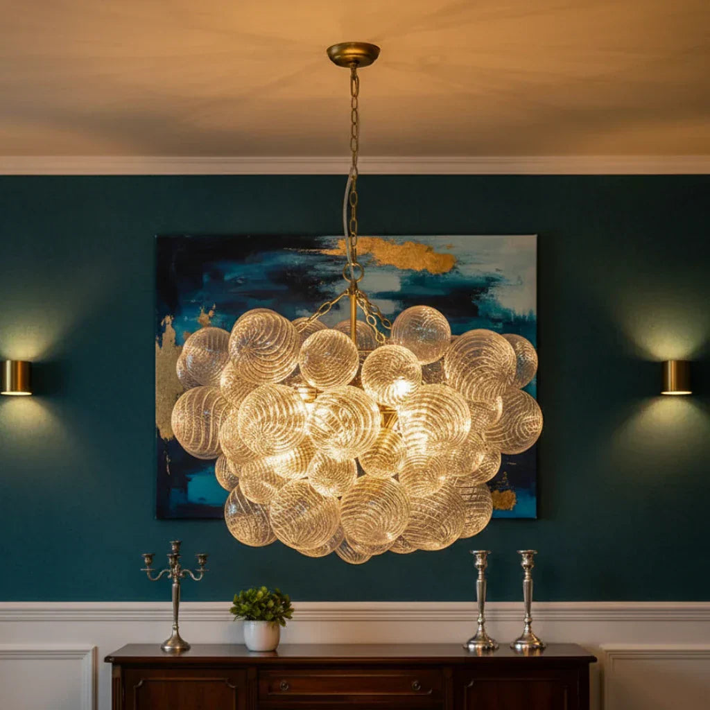 Clear Glass Bubble Chandelier With Ribbed Glass Detailing For Elegant Modern Interior Lighting