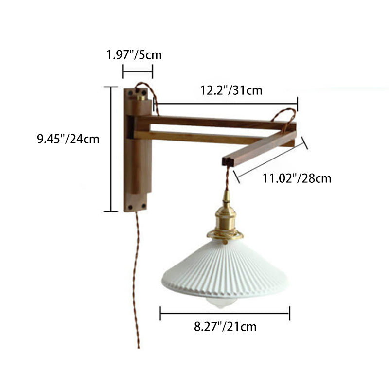 Wall Lamp With Wood Arm And Glass Shade, E26 Brass Japandi Light, Adjustable Swivel