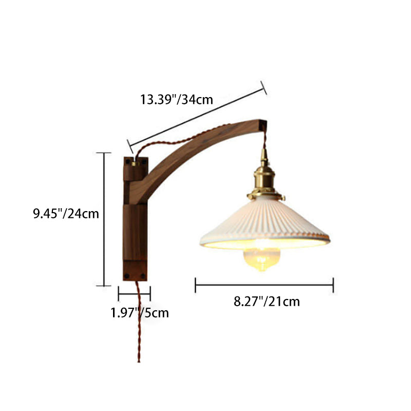 Wall Lamp With Wood Arm And Glass Shade, E26 Brass Japandi Light, Adjustable Swivel