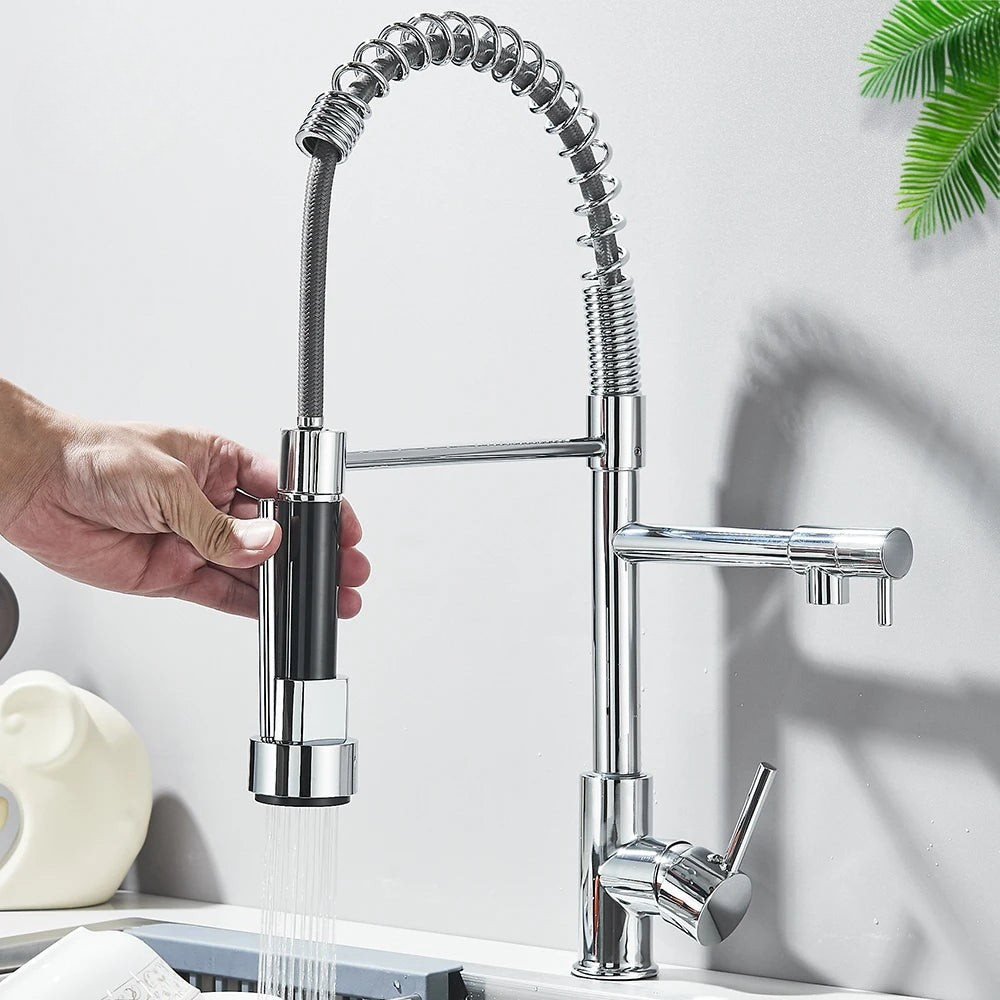 صنبور مطبخ AQUASWIVEL بسحب للأسفل — فوهة مزدوجة دوّارة