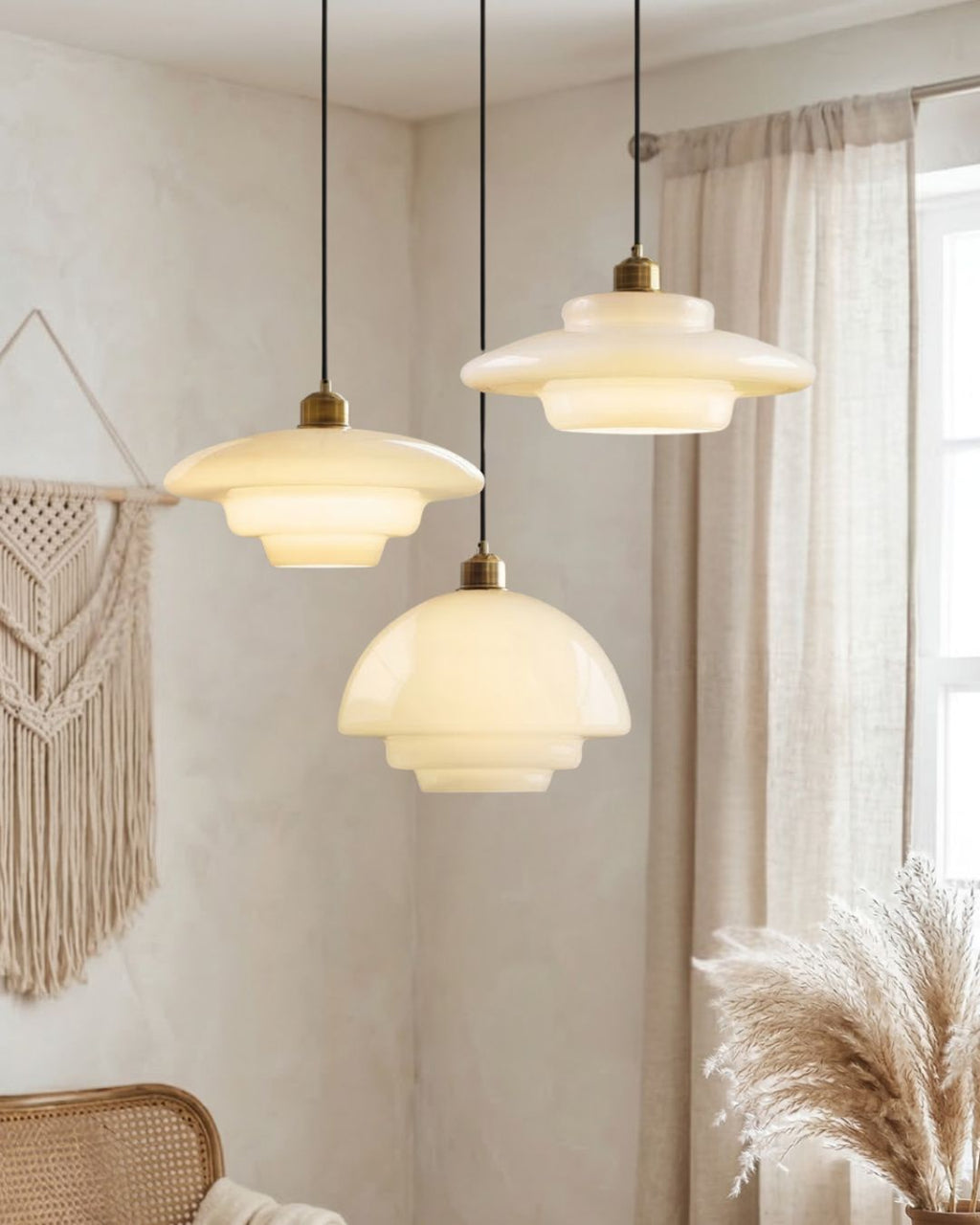 TINA Pendant Light, Mid-Century Milk-White Glass With Brushed Brass, Adjustable E27