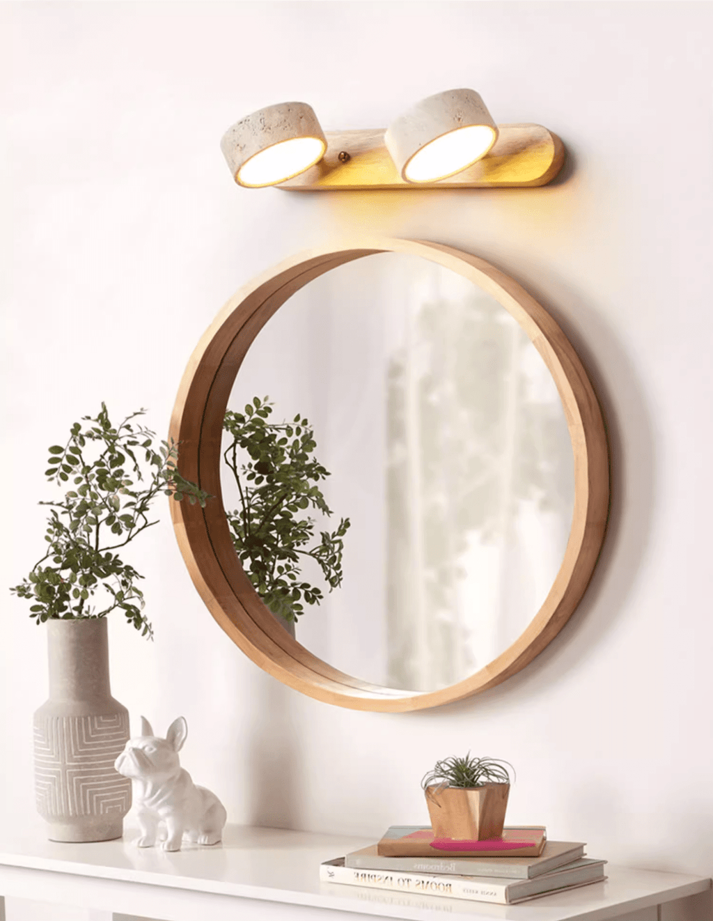 Natural Travertine Wall Light With Wooden Base And Dual LED Bulbs