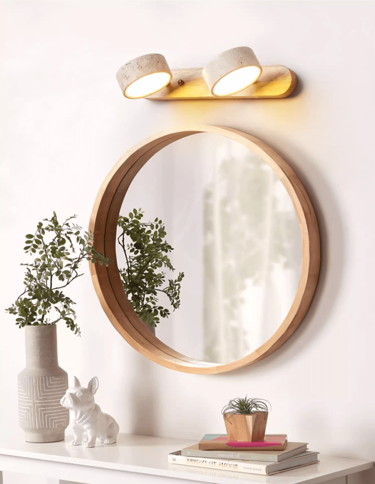 Natural Travertine Wall Light With Wooden Base And Dual LED Bulbs