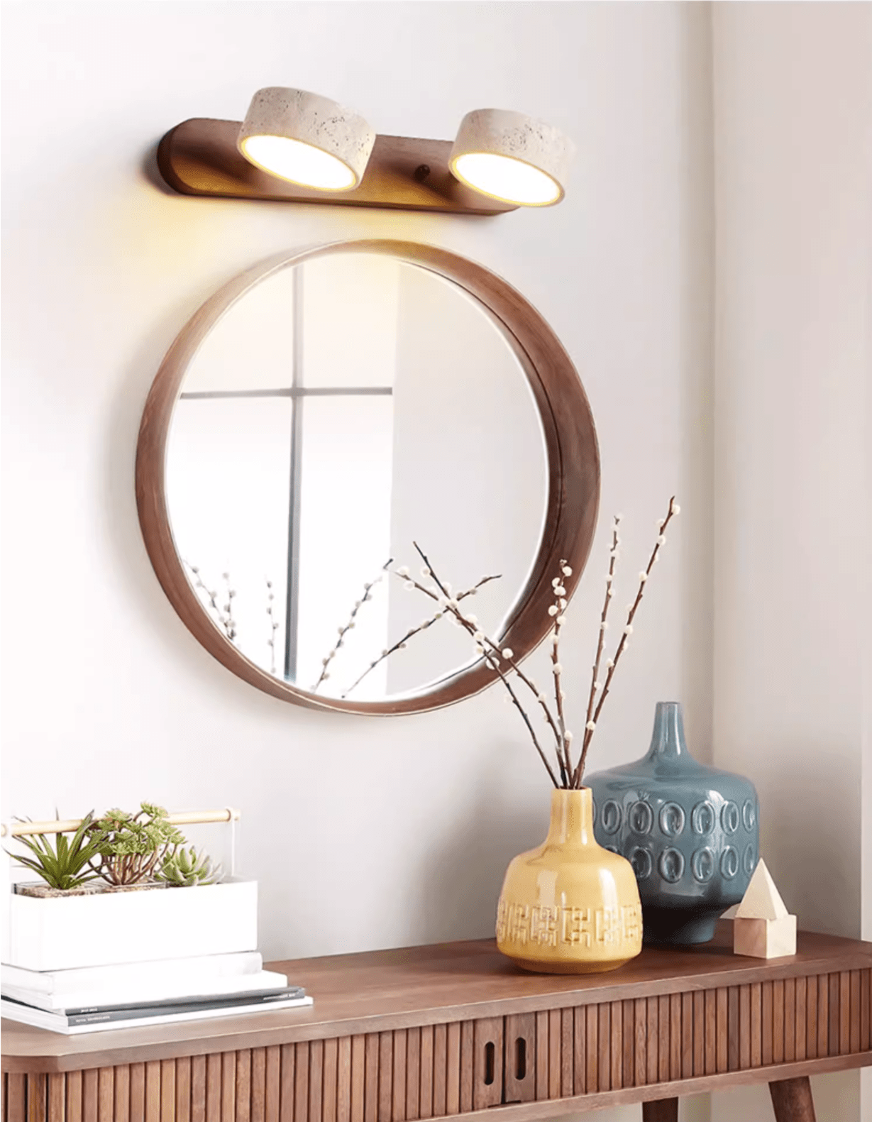 Natural Travertine Wall Light With Wooden Base And Dual LED Bulbs