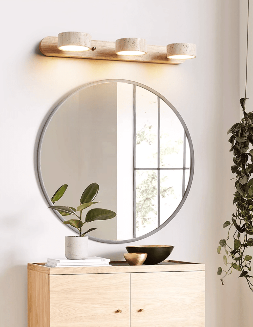 Natural Travertine Wall Light With Wooden Base And Dual LED Bulbs