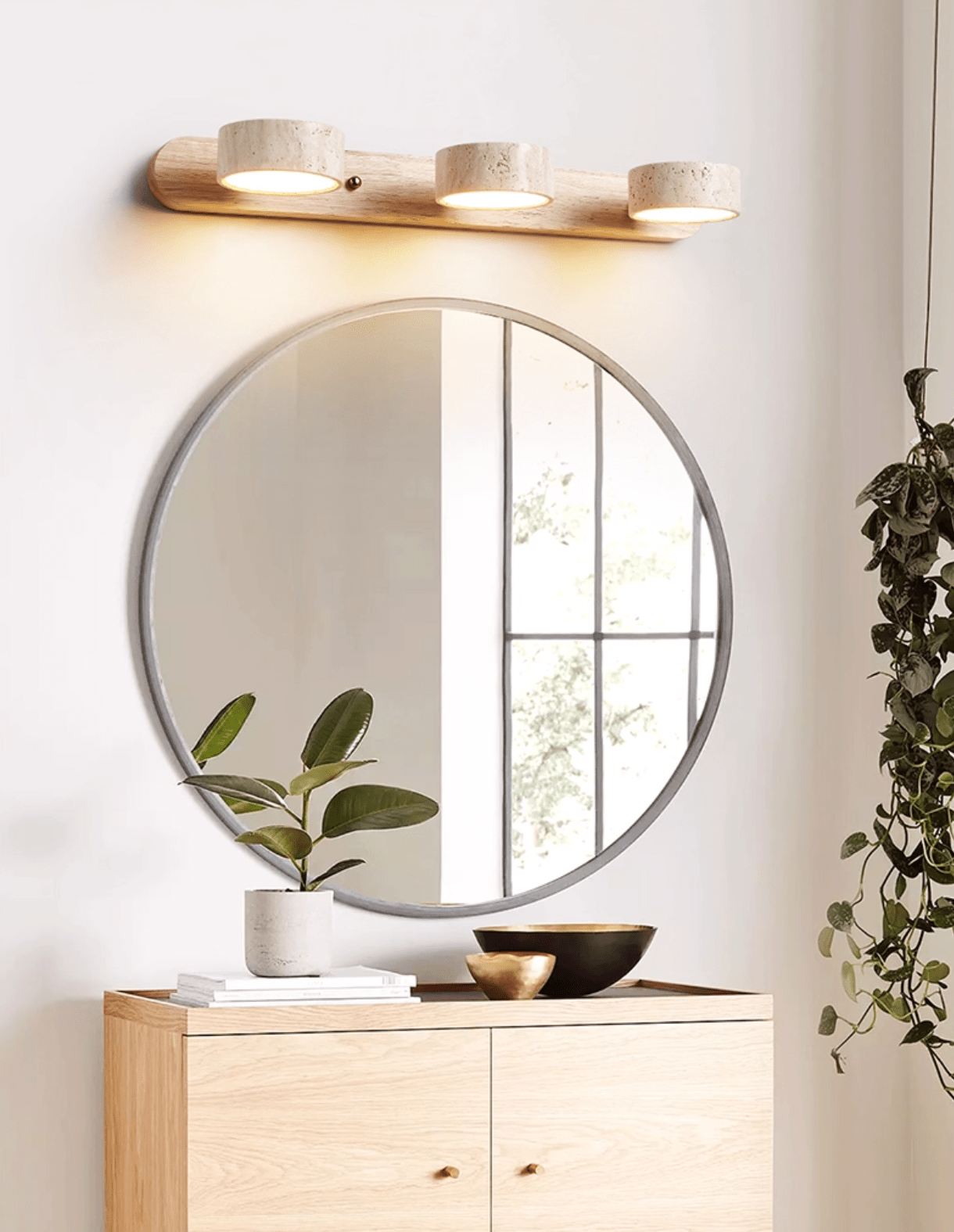 Natural Travertine Wall Light With Wooden Base And Dual LED Bulbs