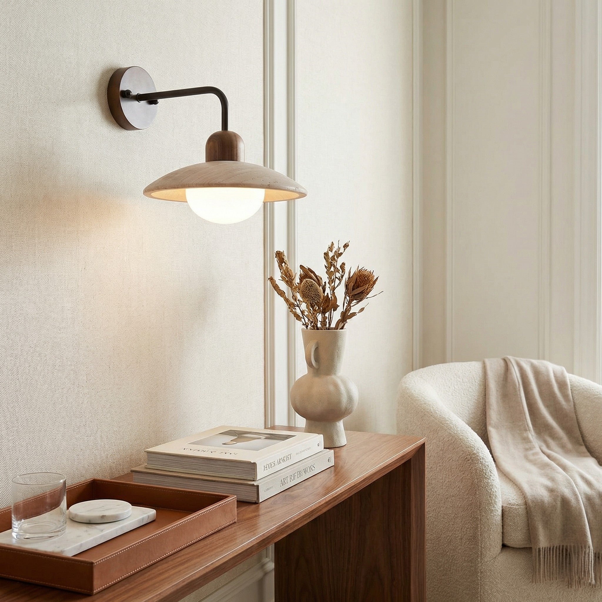 Travertine Stone Wall Light With Minimalist Disc Design And Warm Glow