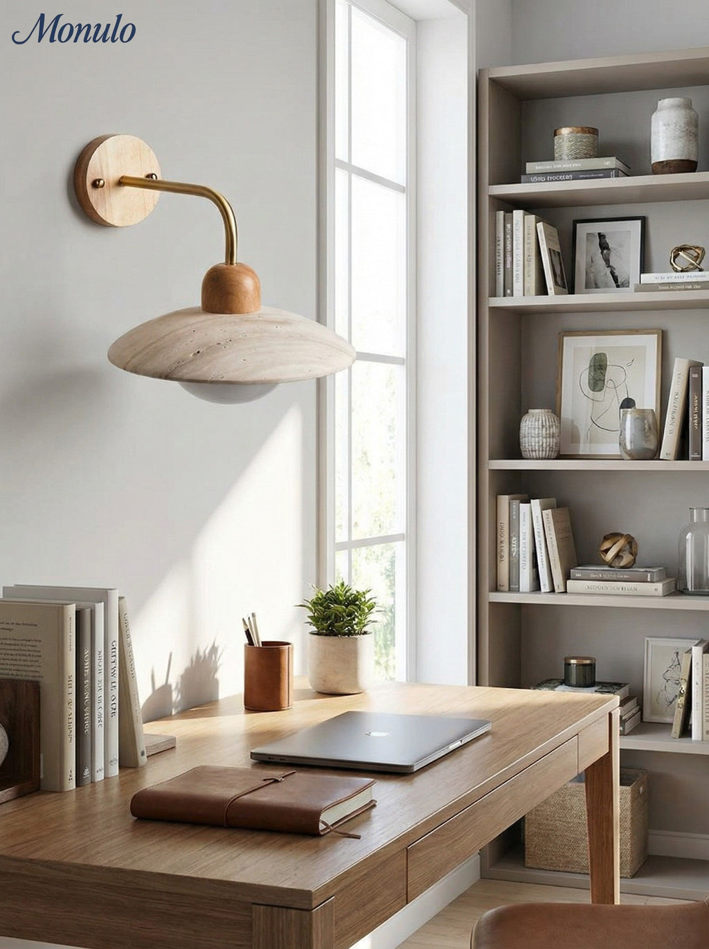Travertine Stone Wall Light With Minimalist Disc Design And Warm Glow