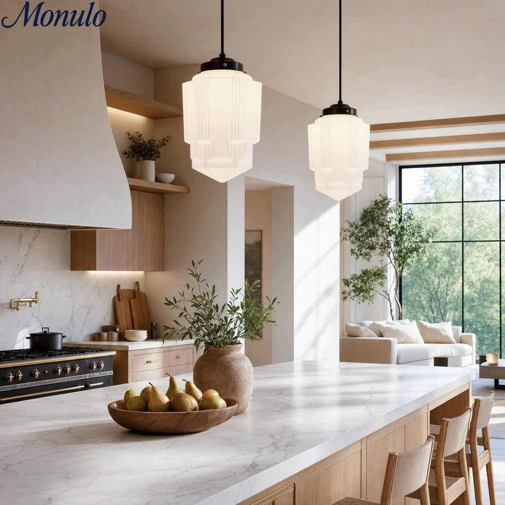Vintage Art Deco Milk Glass Pendant Light With Striped Shade For Dining And Living Rooms