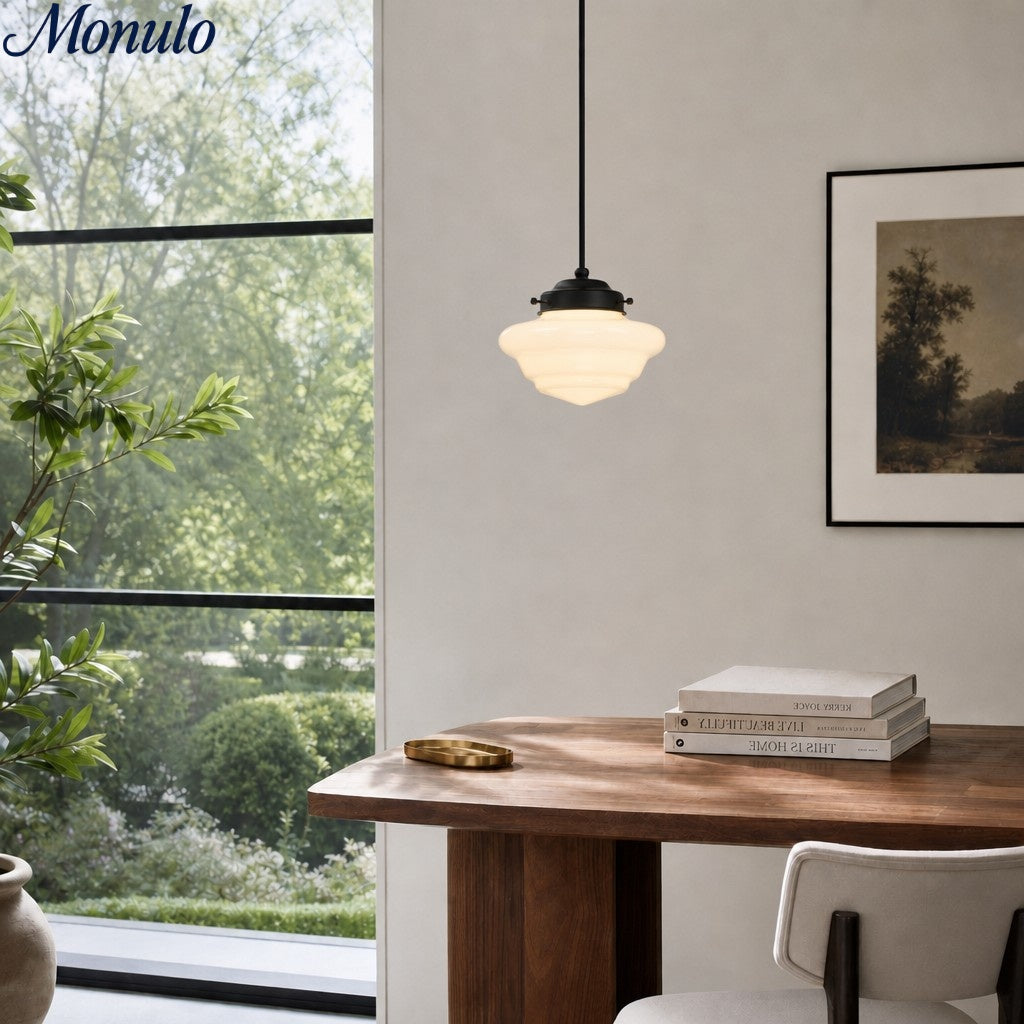 Vintage Art Deco Milk Glass Pendant Light With Striped Shade For Dining And Living Rooms