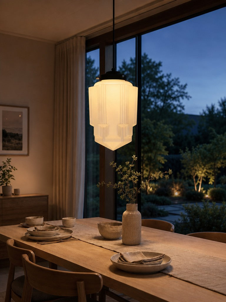 Vintage Art Deco Milk Glass Pendant Light With Striped Shade For Dining And Living Rooms