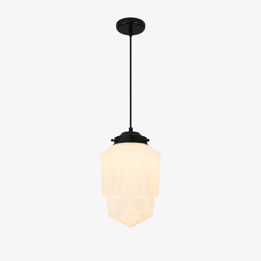 Vintage Art Deco Milk Glass Pendant Light With Striped Shade For Dining And Living Rooms