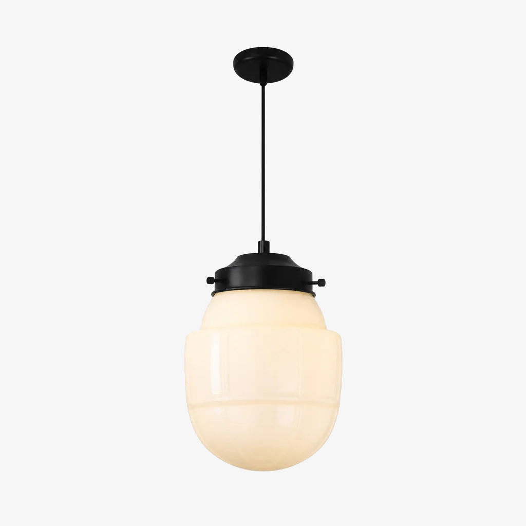 Vintage Art Deco Milk Glass Pendant Light With Striped Shade For Dining And Living Rooms