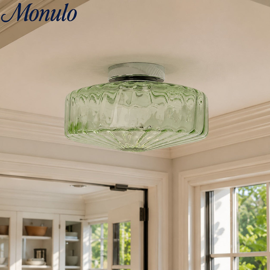 Vintage Ribbed Green Glass Ceiling Light For Dining Room Entrance And Hallway