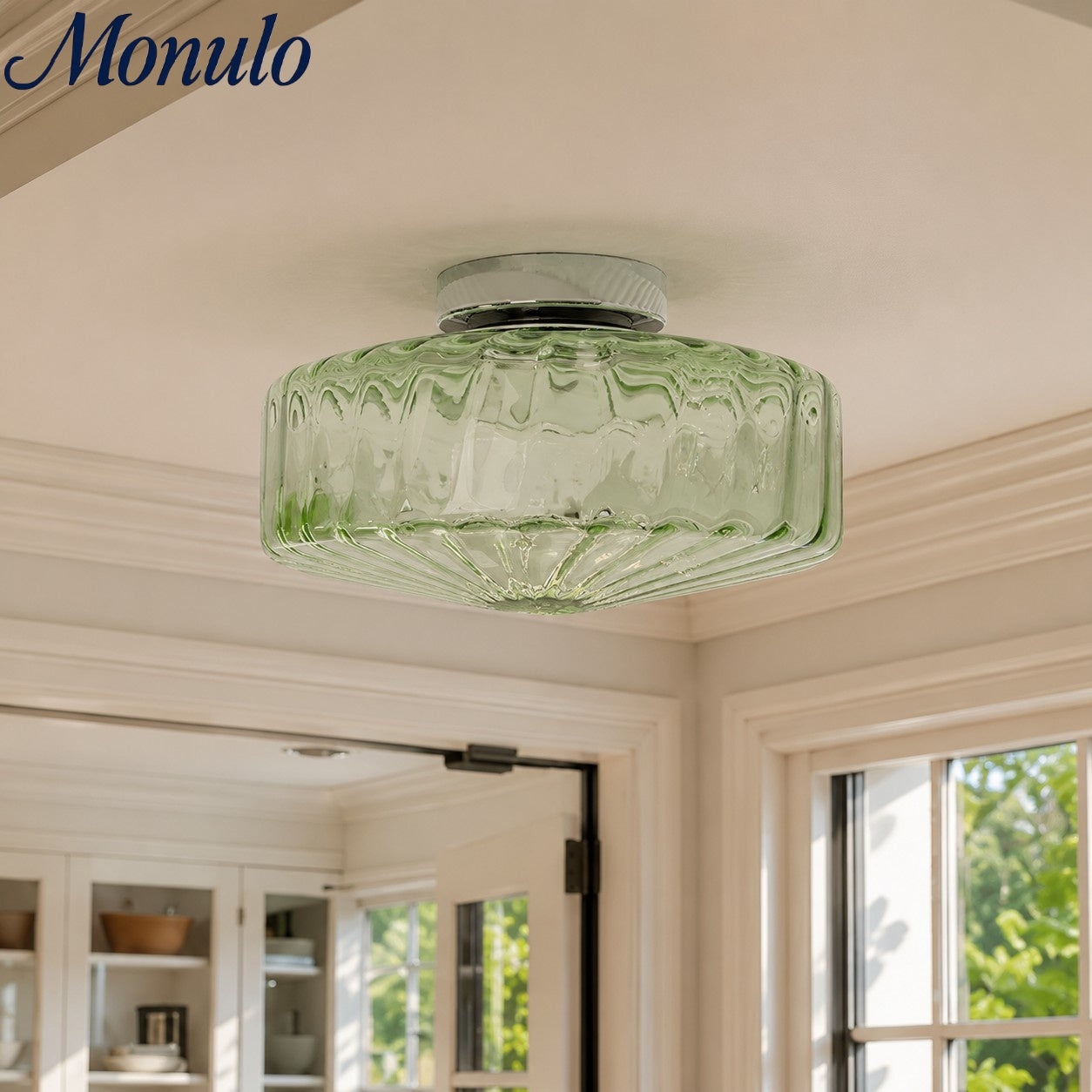 Vintage Ribbed Green Glass Ceiling Light For Dining Room Entrance And Hallway