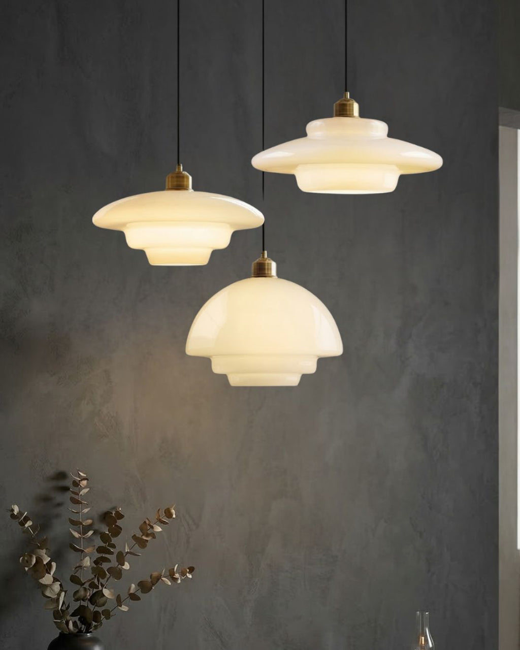 TINA Pendant Light, Mid-Century Milk-White Glass With Brushed Brass, Adjustable E27