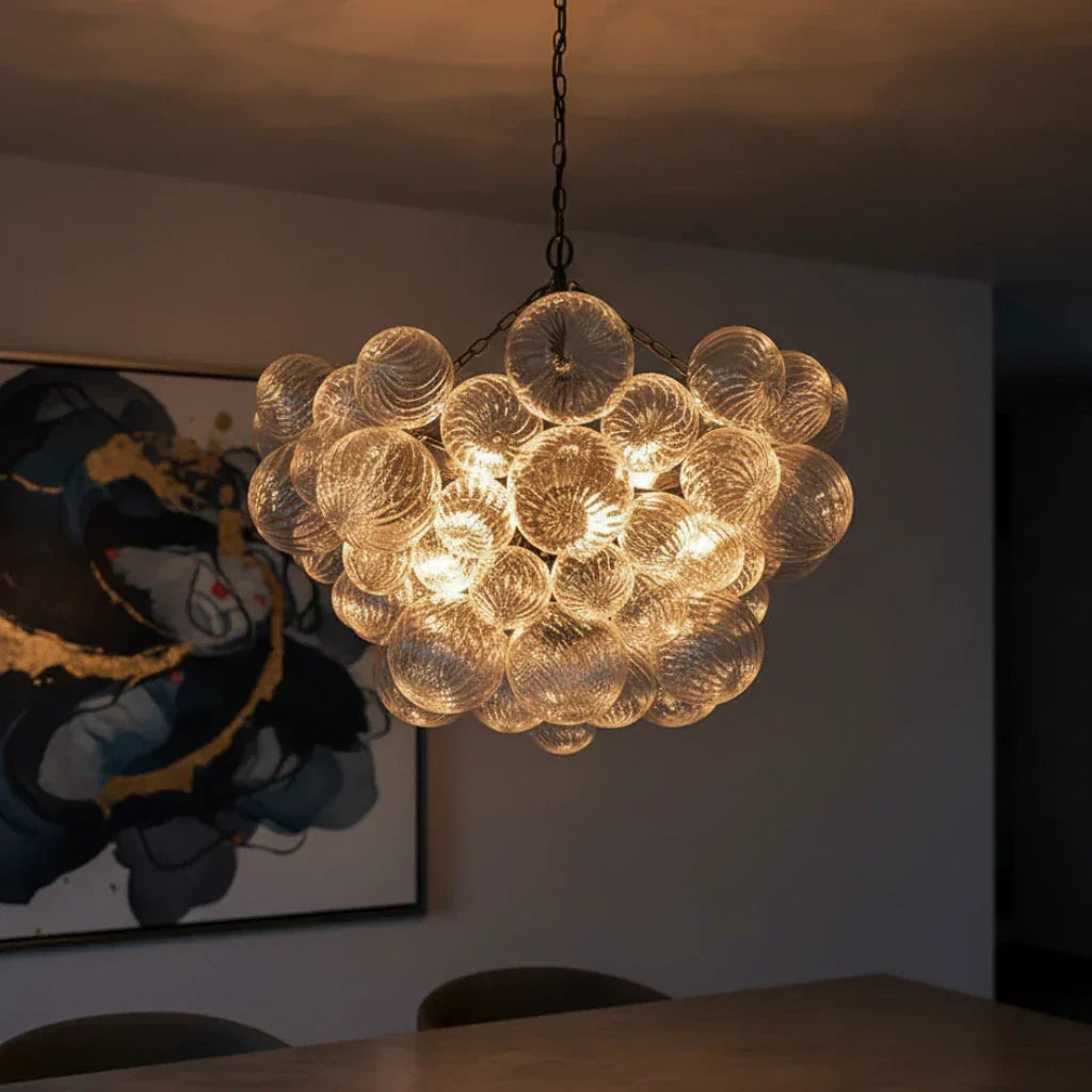 Clear Glass Bubble Chandelier With Ribbed Glass Detailing For Elegant Modern Interior Lighting
