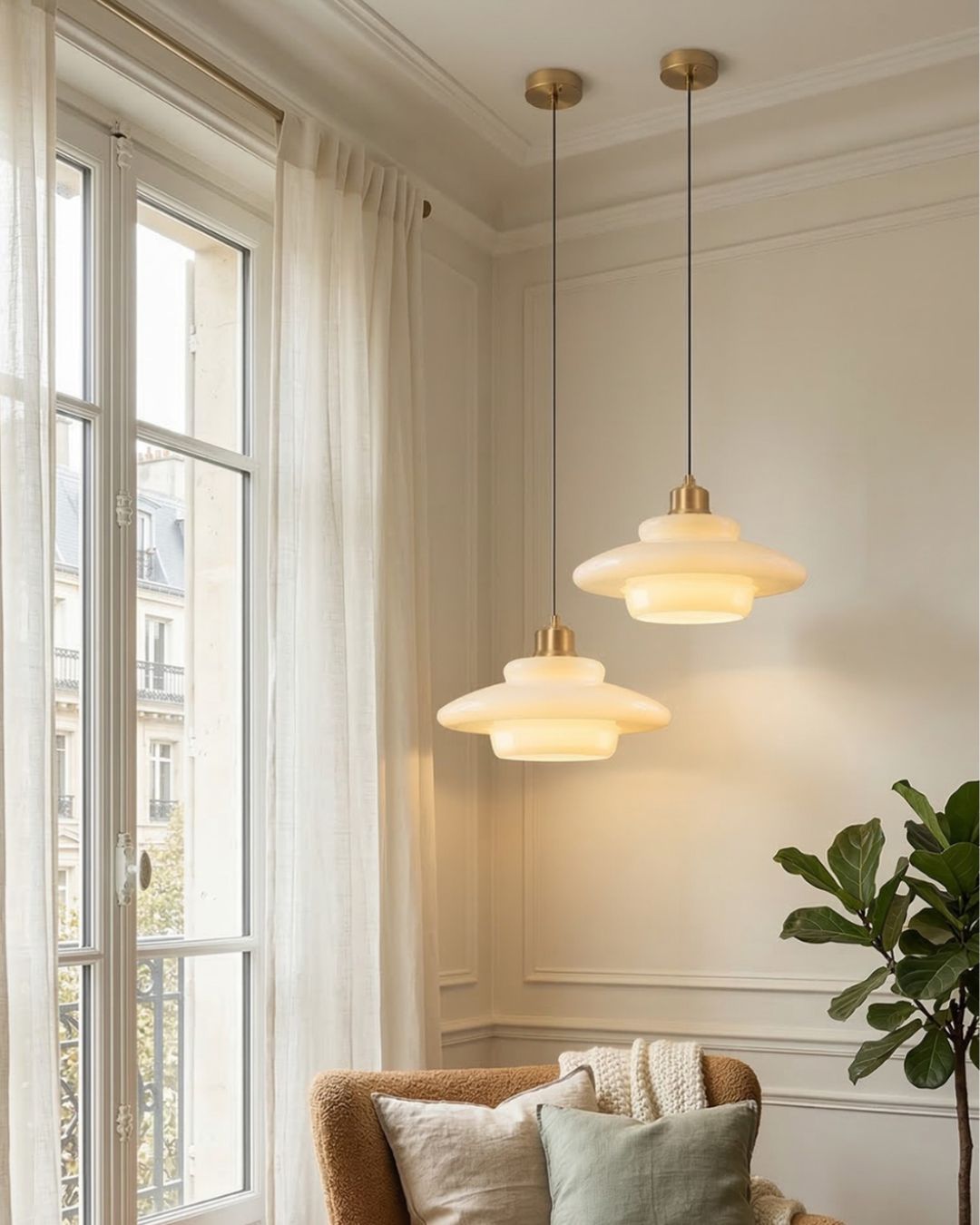 TINA Pendant Light, Mid-Century Milk-White Glass With Brushed Brass, Adjustable E27