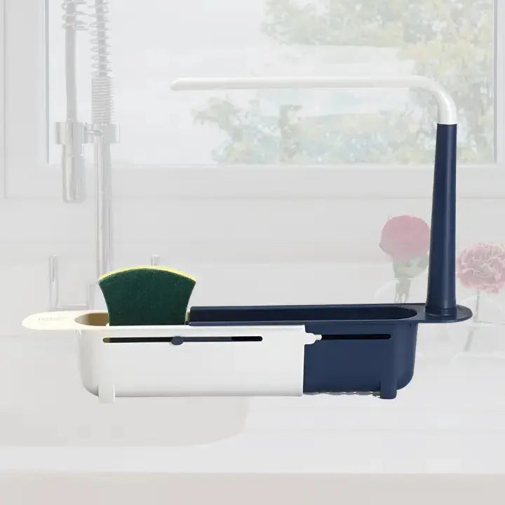 Extendable Sink Rack With Adjustable Width And Storage For Sponges And Dishcloths