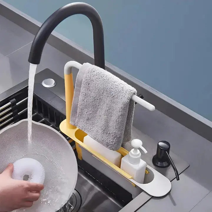 Extendable Sink Rack With Adjustable Width And Storage For Sponges And Dishcloths