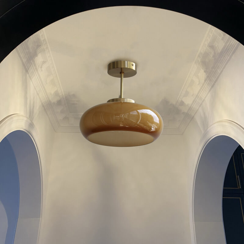 Vintage Yellow Glass Brass Semi Flush LED Ceiling Light Fixture