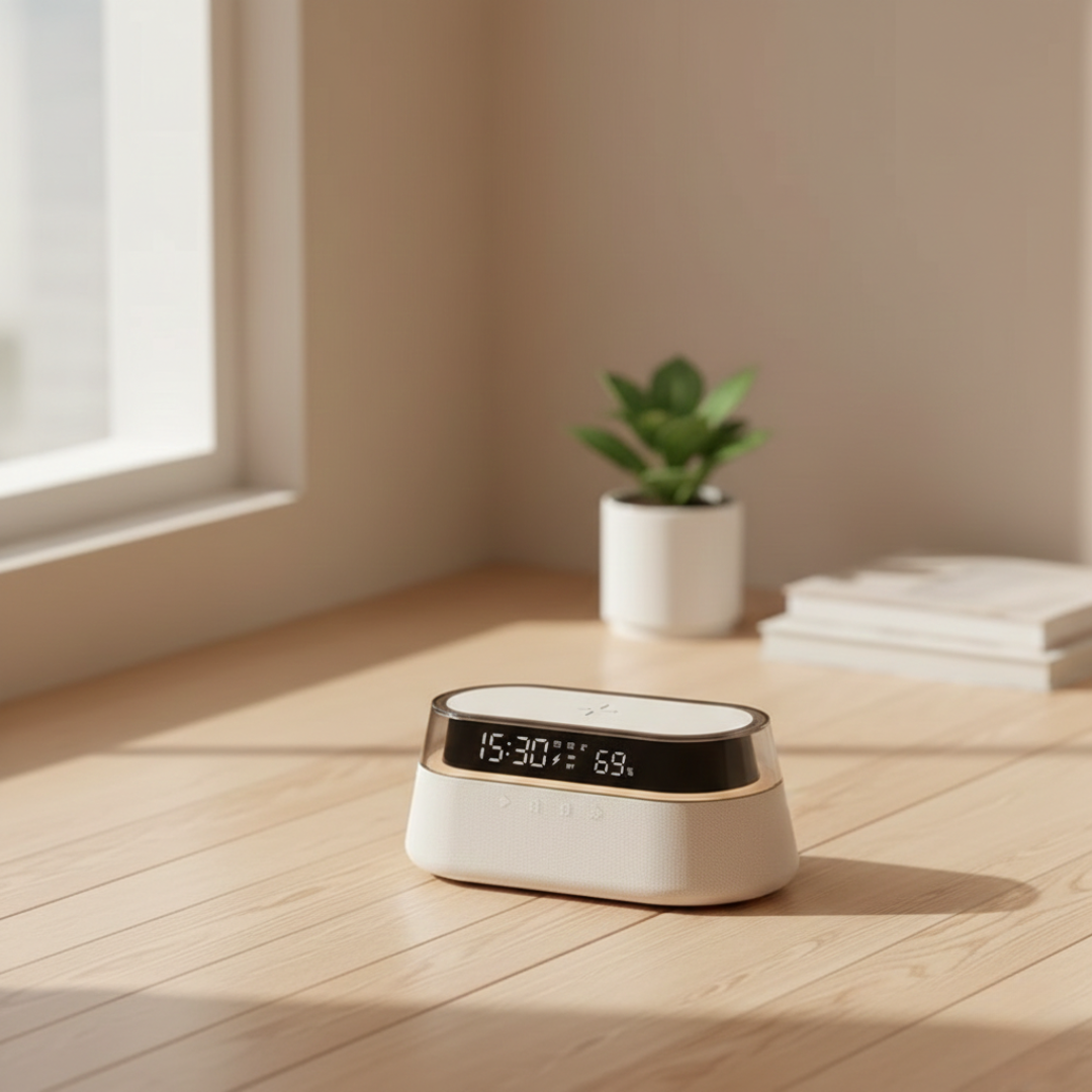 Six-In-One Alarm Clock With Wireless Charging, Bluetooth Speaker, FM Radio, Dual Alarms, USB Charger, And RGB Night Light
