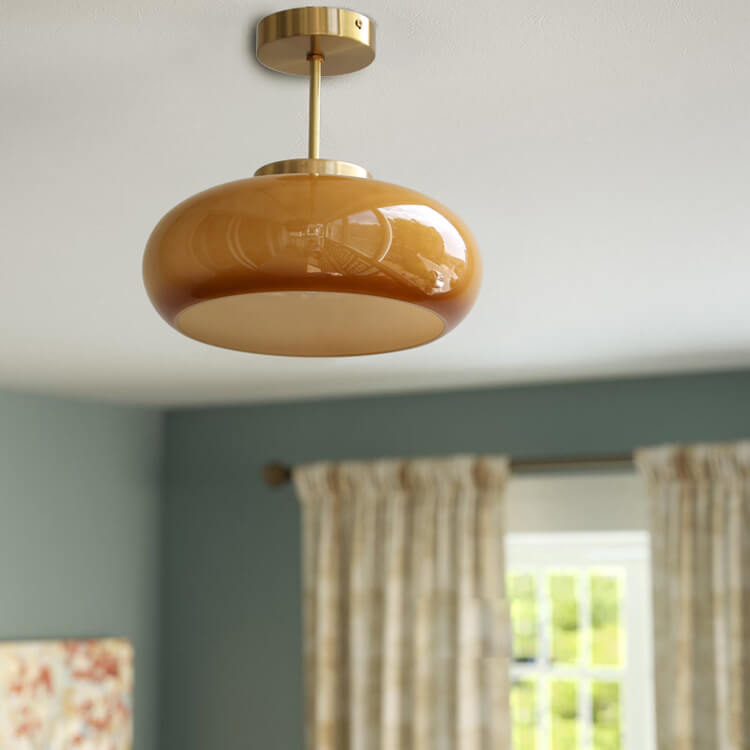Vintage Yellow Glass Brass Semi Flush LED Ceiling Light Fixture