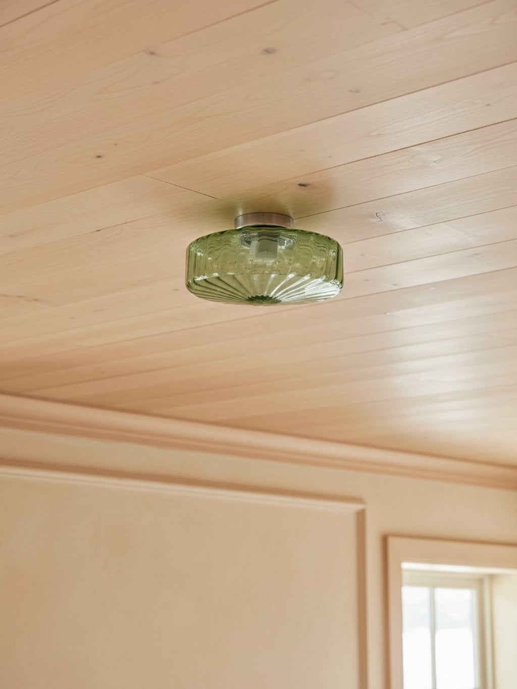 Vintage Ribbed Green Glass Ceiling Light For Dining Room Entrance And Hallway