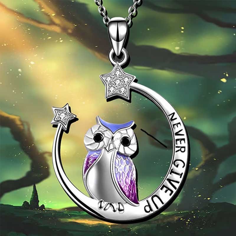 Never Give Up Owl Necklace — Moon and Stars Pendant