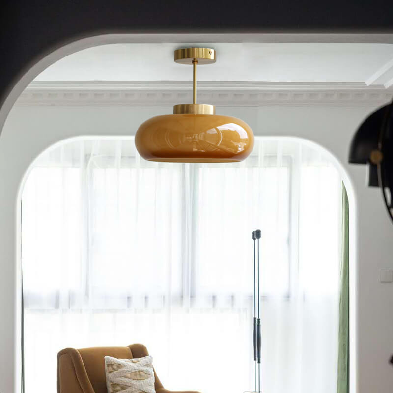 Vintage Yellow Glass Brass Semi Flush LED Ceiling Light Fixture