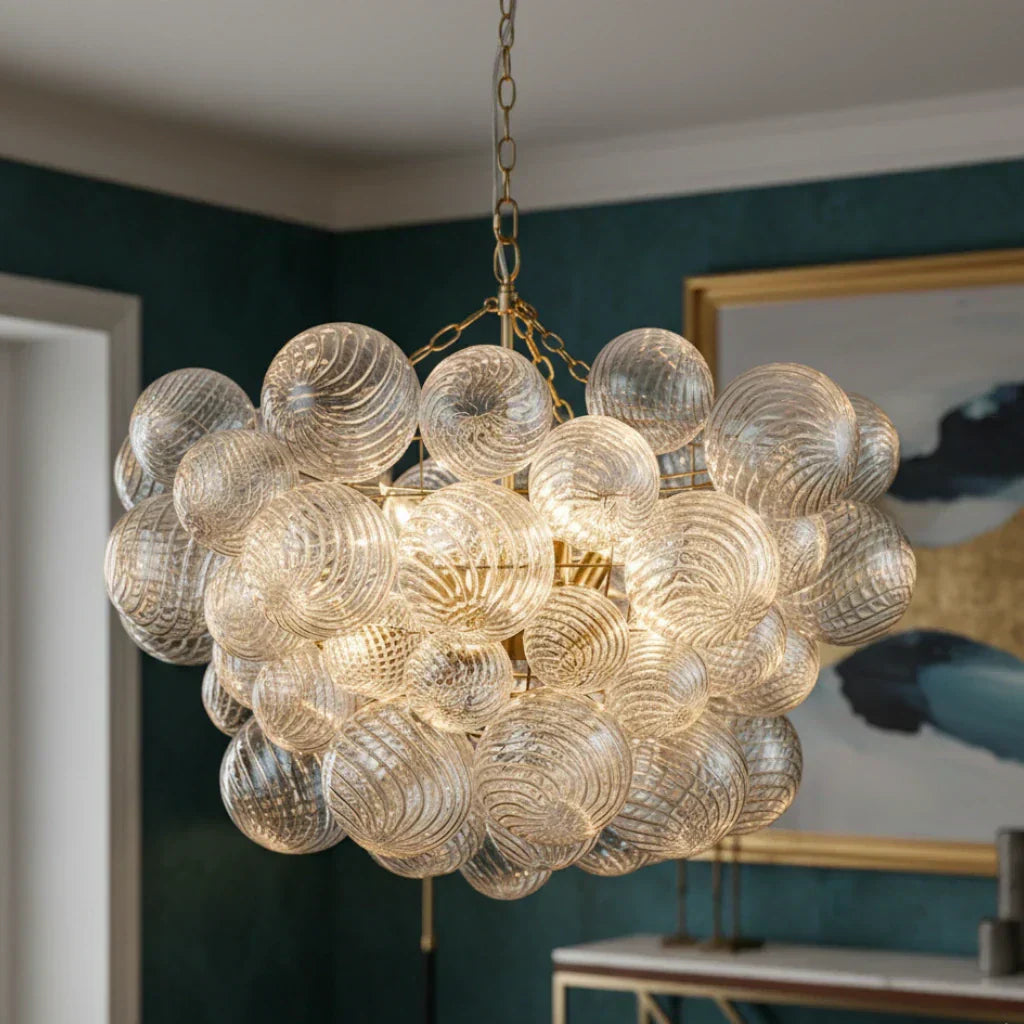 Clear Glass Bubble Chandelier With Ribbed Glass Detailing For Elegant Modern Interior Lighting