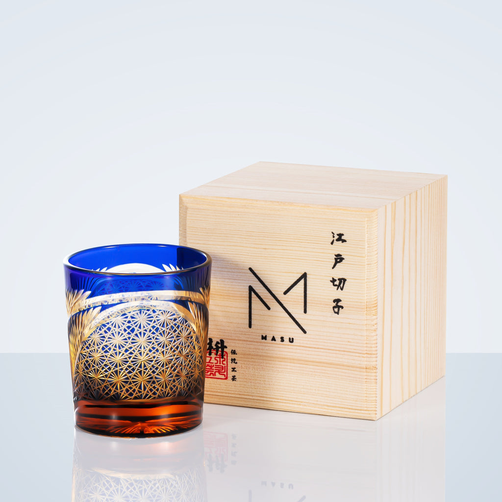 Whiskey Glass With Edo Kiriko Crane Feather Pattern In Amber Handmade Japanese Crystal