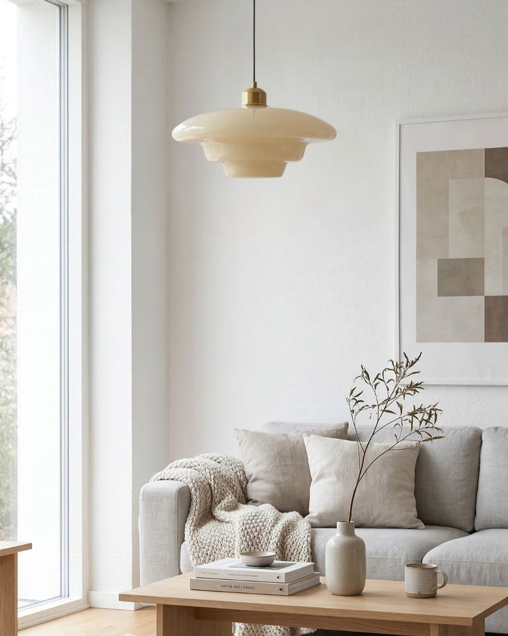 TINA Pendant Light, Mid-Century Milk-White Glass With Brushed Brass, Adjustable E27