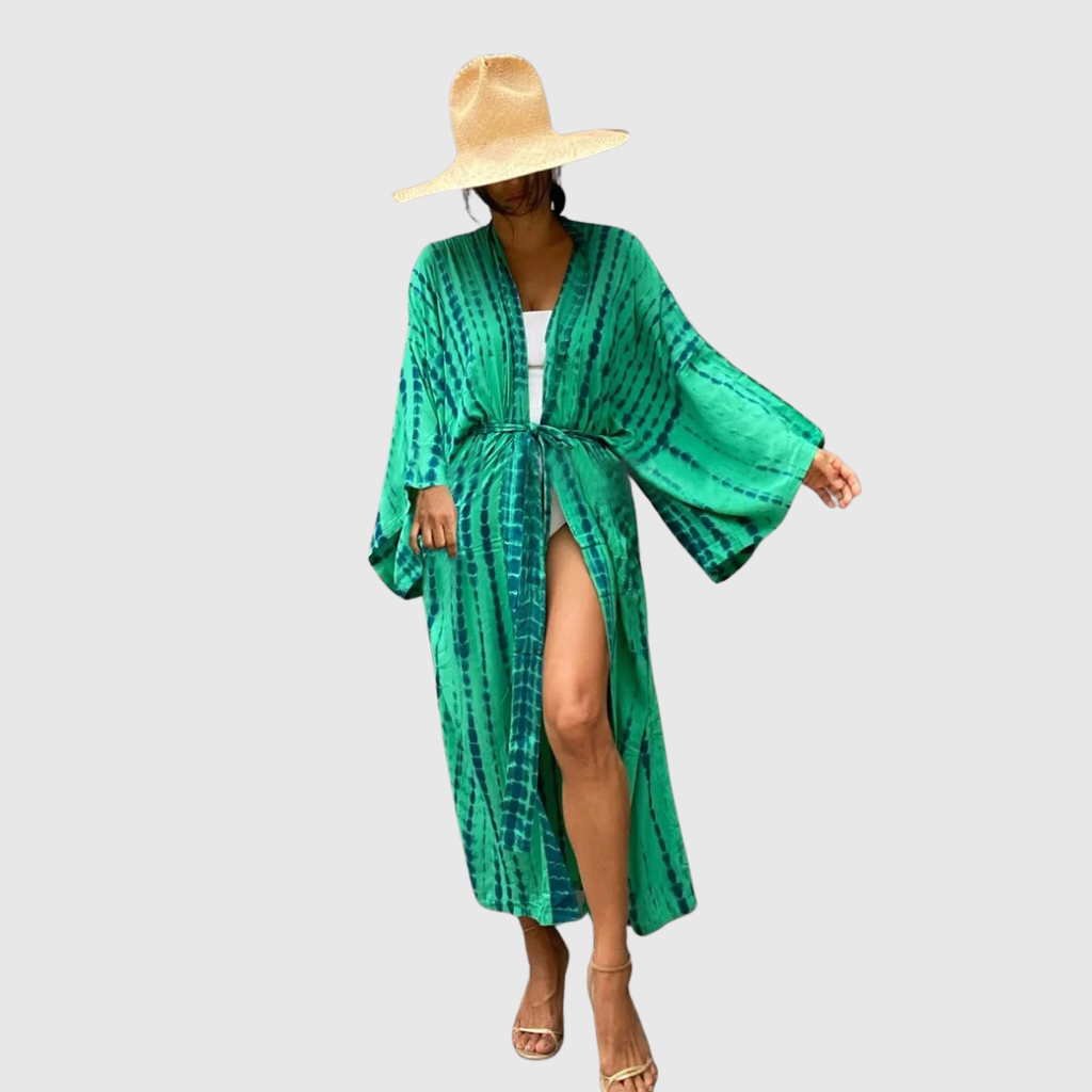 Kimono playero tie-dye OCEANVEIL — Prenda ligera y vaporosa de verano con cinturón del mismo tejido