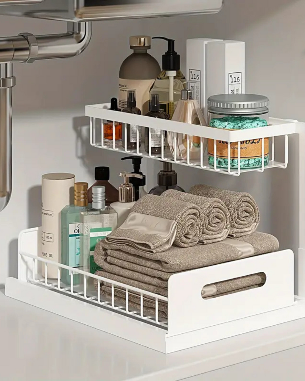 Under-Sink Extendable Cabinet Organizer With Two Levels Black And White