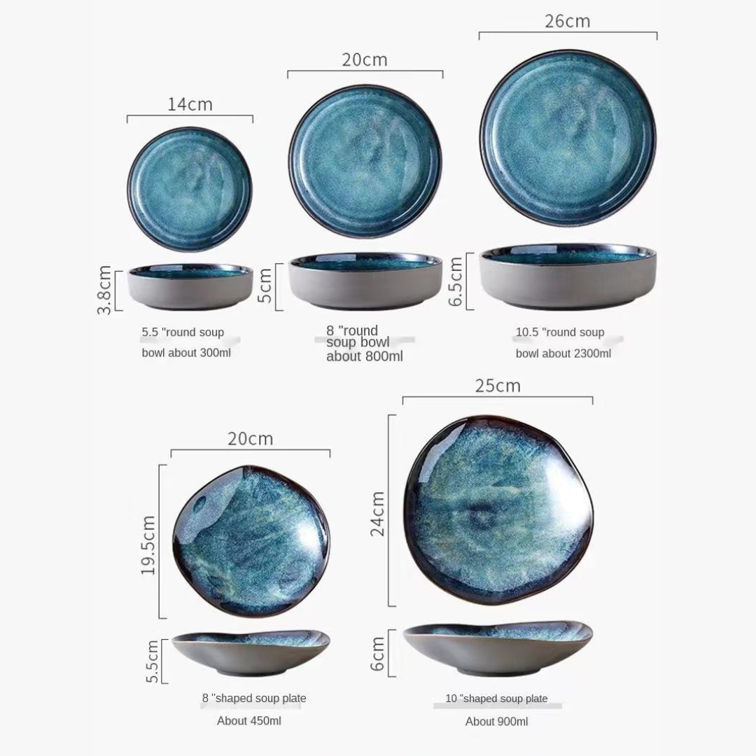 Turquoise 11-Piece Porcelain Dinnerware Set Handmade Glazed Dinner Plates and Bowls