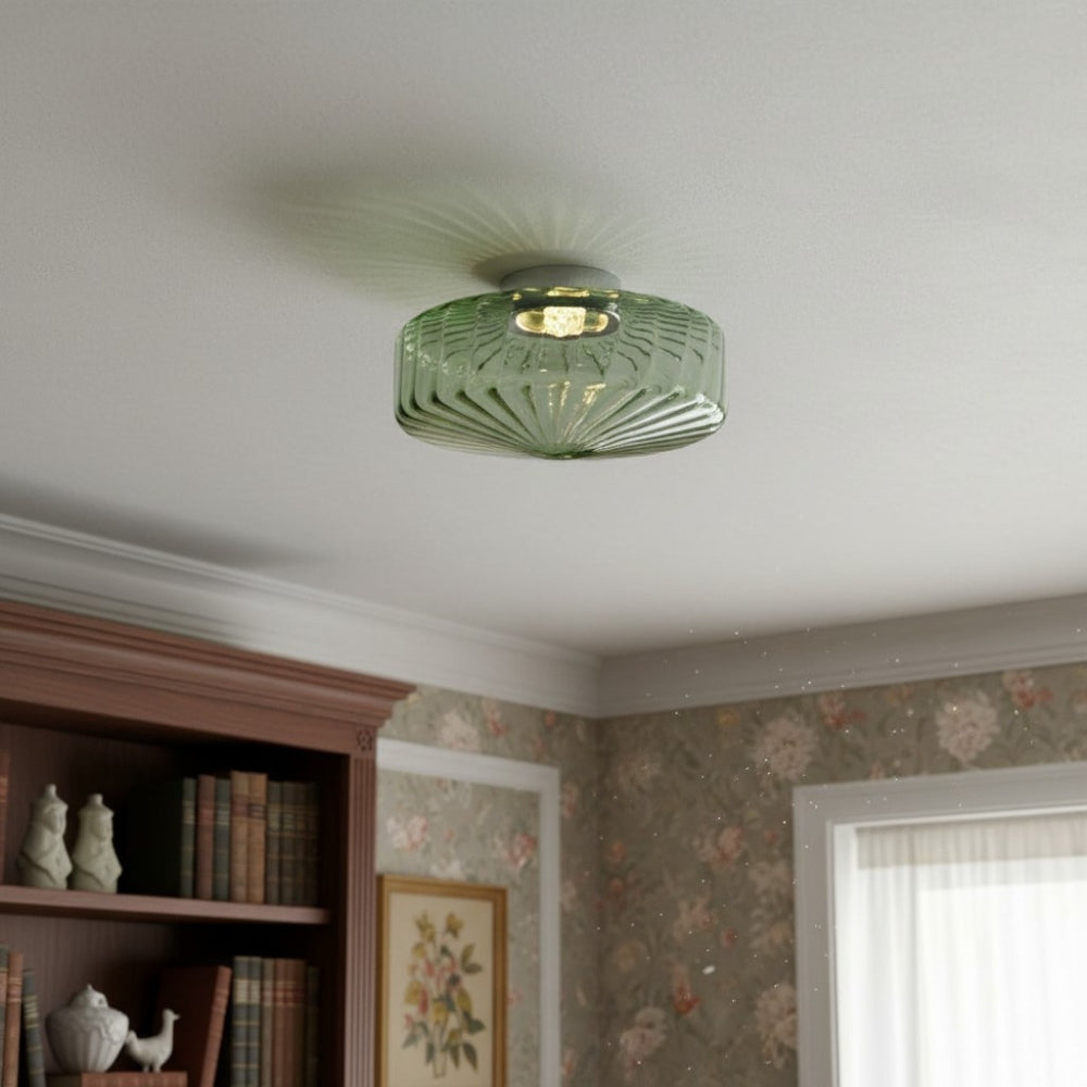 Vintage Ribbed Green Glass Ceiling Light For Dining Room Entrance And Hallway