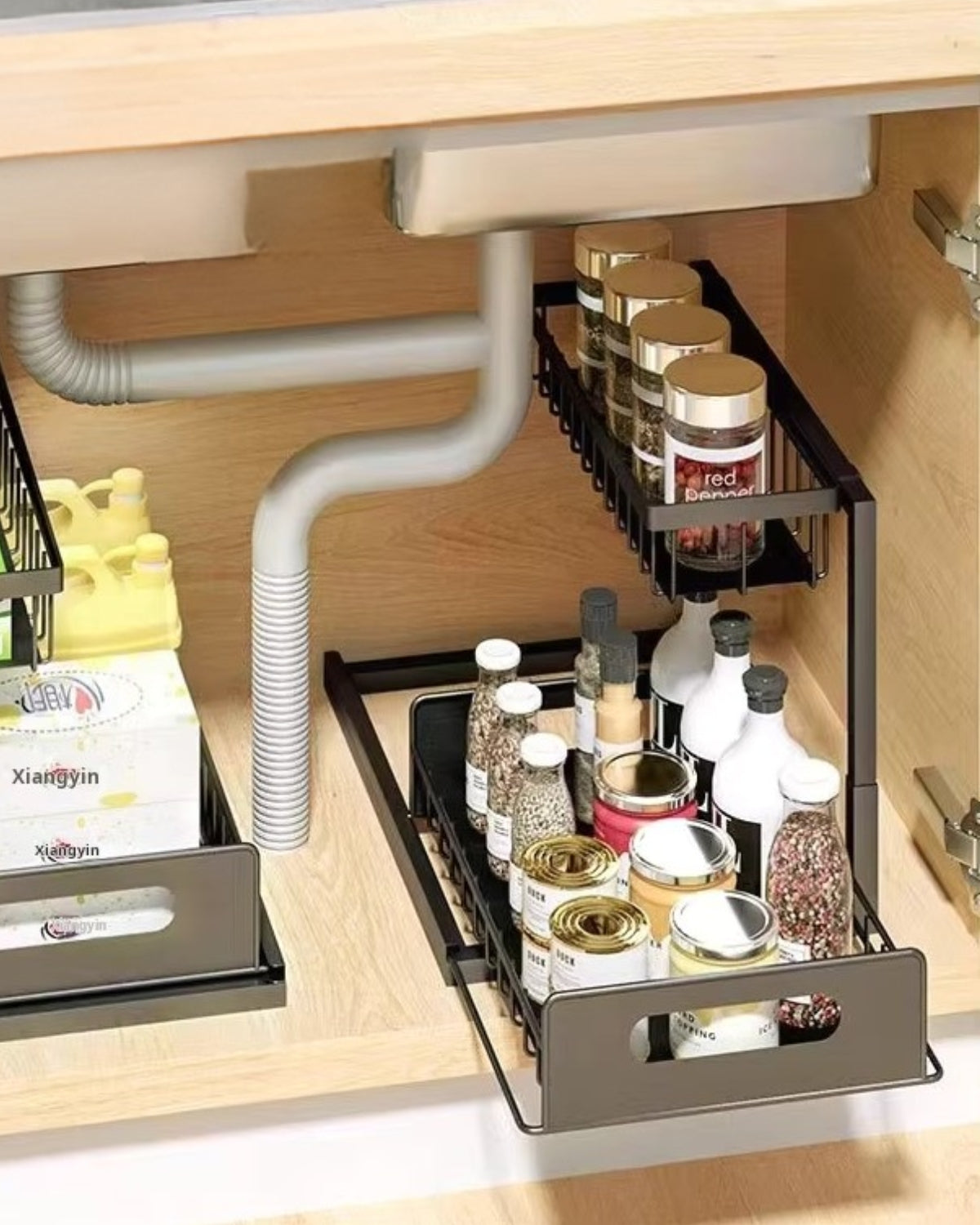 Under-Sink Extendable Cabinet Organizer With Two Levels Black And White