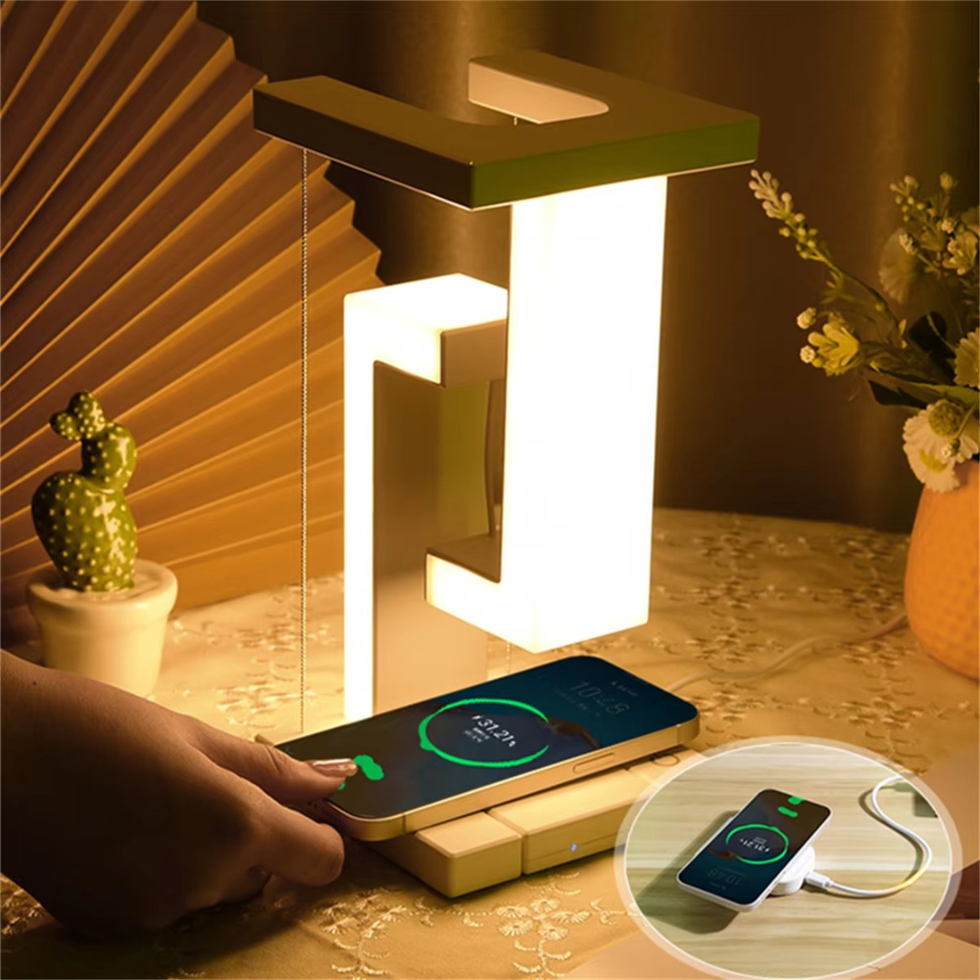 Levitating Desk Light Featuring Wireless Charging Pad For Modern Home Office Use Dimmable Brightness