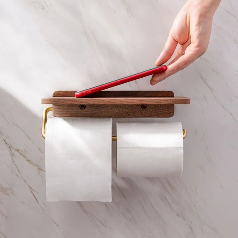Walnut Wood Wall Mount Shelf For Toilet Roll - Brown Finish