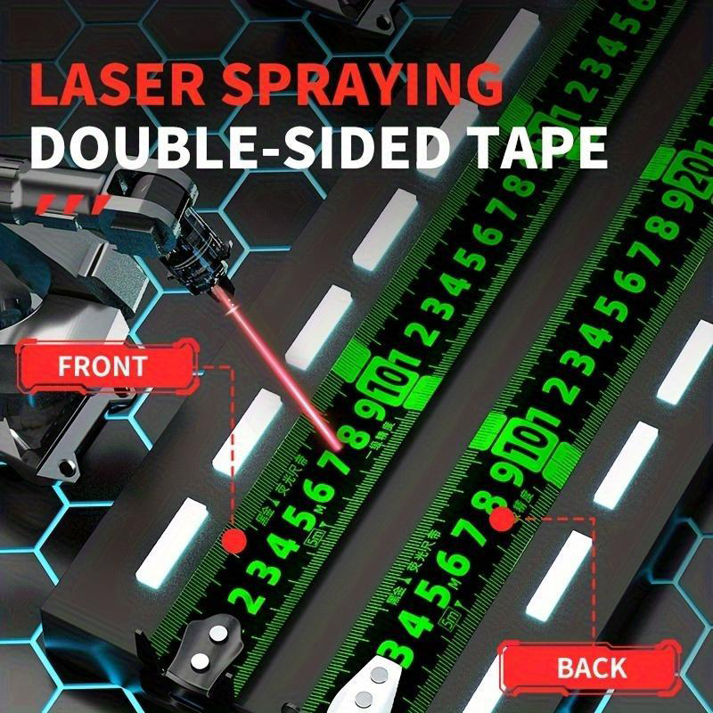 Mètre ruban lumineux vert néon — Repères laser recto verso, crochet zéro autobloquant