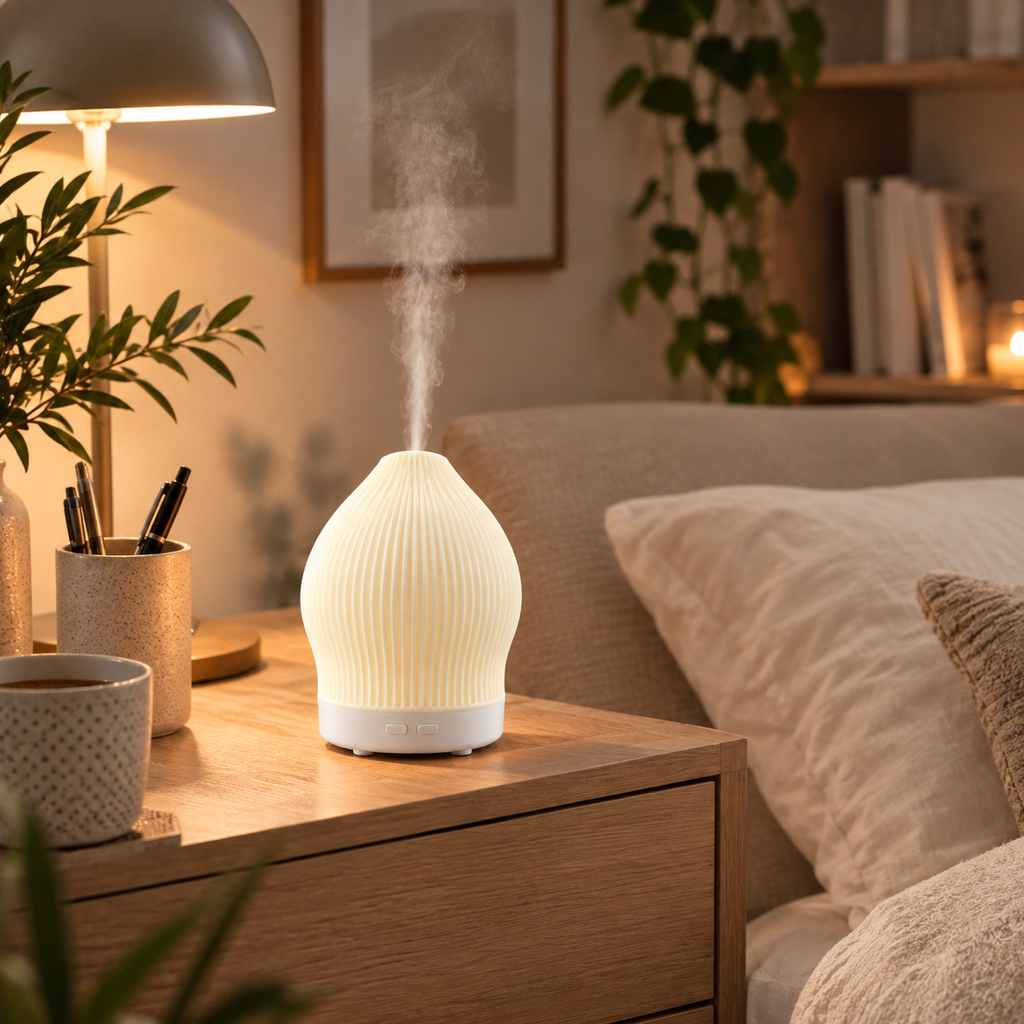 Aromadiffuser i glas — inspireret af rosenkvarts, nanodugteknologi og stemningslys