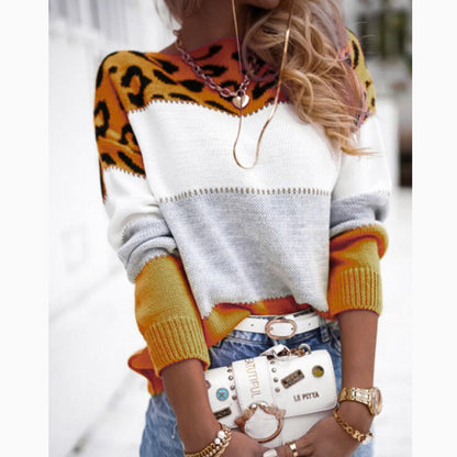 Women's Leopard Print Color-block Crew Neck Casual Sweater Long Sleeve Bottoming Shirt