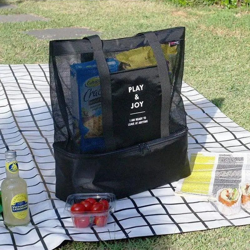 Sac fourre-tout de plage 2-en-1 — Partie supérieure en filet ouvert et compartiment isotherme zippé